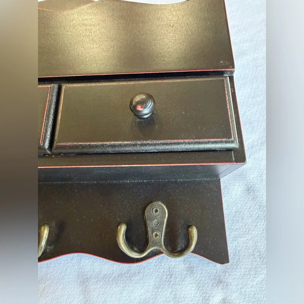 VTG Wall-Mounted Black Wooden Organizer with Hooks and Drawers